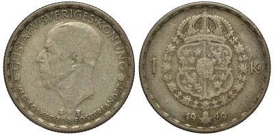 Швеция 1 крона 1949 TS, Густав VI Адольф (1950-1973) KM 814 серебро 4178-545