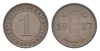 Германия 1 рейхспфенниг 1927 E KM 37, J. 313 бронза 4644-1037
