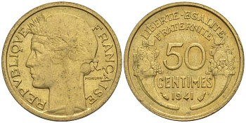 Франция 50 сантимов 1941 тип Морлон KM 894.1, Le Franc 192.18 алюминиевая бронза44-357
