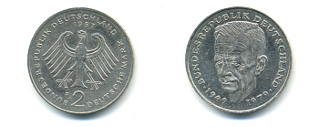 ФРГ 2 марки 1987 F, Курт Шумахер KM 149, J. 424 медно-никель плакированный никелем 83-1916