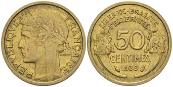 ФРАНЦИЯ 50 САНТИМОВ 1939 ТИП MORLON KM 894.1, LE FRANC 192.15 алюминиевая бронза 44-831