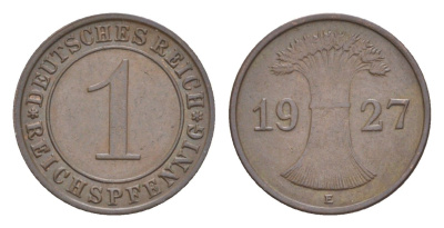 Германия 1 рейхспфенниг 1927 E KM 37, J. 313 бронза 4644-1037