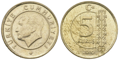 Турция 5 курушей 2010 Кемаль Ататюрк KM 1240 медь цинк никель aUNC 4621-457