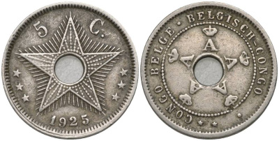Бельгийское Конго 5 сантимов 1925 звезда KM 17 медно-никель 4549-1134