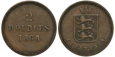 Гернси 2 дабла (дубля) 1868 KM 9 бронза 650-545