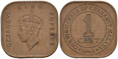 Британская Малайя 1 цент 1943 Георг VI (1937-1952) KM 6 бронза 4153-627