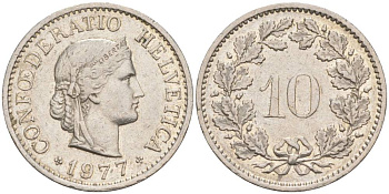 Швейцария 10 раппенов 1977 KM 27 медно-никель 55-512