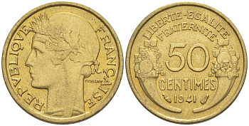 ФРАНЦИЯ 50 САНТИМОВ 1941 ТИП MORLON KM 894.1, LE FRANC 192.18 алюминиевая бронза 44-643