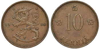 Финляндия 10 пенни 1939 KM 24 медь 51-3144