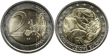 Италия 2 евро 2005 1-я годовщина подписания Европейской конституции KM 245 биметалл UNC 115-1116