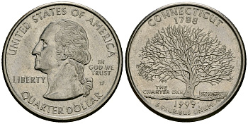 США 25 центов = квотер 1999 D, серия штаты США, Коннектикут KM 297 медь плакированная медно-никелем 4138-957