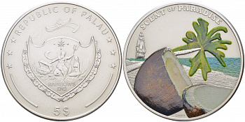 Палау 5 долларов 2009 кокосовый орех, монета с запахом, цветная эмаль, тираж 2500 экземпляров KM 179 серебро BUNC 01-168-32