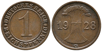 ГЕРМАНИЯ 1 РЕЙХСПФЕННИГ 1928 G KM 37, J. 313 бронза 39-959