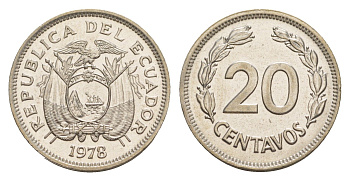Эквадор 20 сентаво 1978 KM 77.2a сталь плакированная никелем UNC 4640-1238