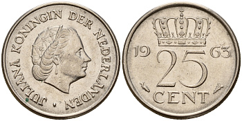 Нидерланды 25 центов 1963 Юлиана (1949-1980) KM 183 никель    4598-421