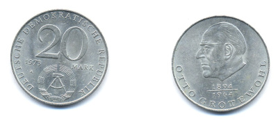 ГДР 20 марок 1973 А, Отто Гротеволь (1894-1964) KM 47 медно-никель 3333-432