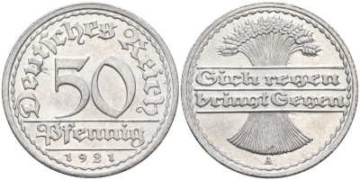 Германия 50 пфеннигов 1921 A KM 27, J.301, Weege 10 алюминий UNC 4584-816