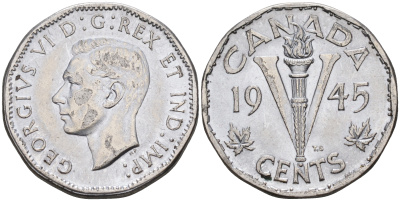 Канада 5 центов 1945 Георг VI (1937-1952) KM 40а сталь плакированная хромом    4595-625