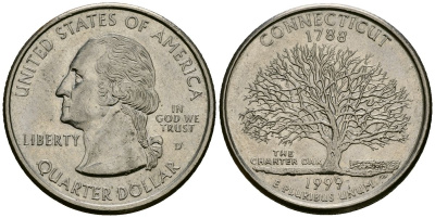 США 25 центов = квотер 1999 D, серия штаты США, Коннектикут KM 297 медь плакированная медно-никелем 4138-957