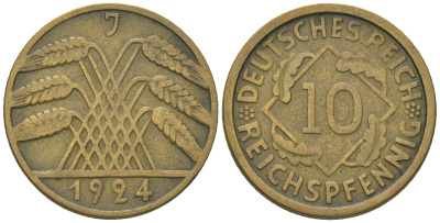 Германия 10 рейхспфеннигов 1924 J KM 40, J. 317, Weege 9 алюминиевая бронза 60-727