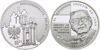 Польша 10 злотых 2010 MW, 95 лет со дня рождения Яна Якуба Твардовского, польского поэта и священника KM 731 серебро PROOF 1069-3-41