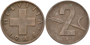 Швейцария 2 раппена 1948 В KM 47 бронза 4591-553