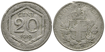 ИТАЛИЯ 20 ЧЕНТЕЗИМО 1919 R, ВИКТОР ИММАНУИЛ KM 58 медно-никель 177-1055