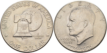 США 1 доллар 1976 D, 200 лет независимости, Президент Эйзенхауэр, колокол, тип II KM 206 медь плакированная медно-никелем 4578-133