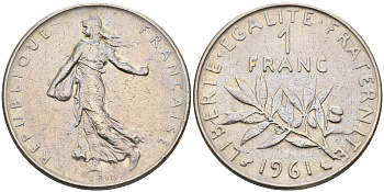 Франция 1 франк 1961 сеятель KM 925.1 никель    4177-237