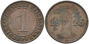 Германия 1 рейхспфенниг 1928 А KM 37, J. 313 бронза 4594-1116