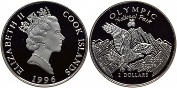 Острова Кука 2 доллара 1996 серия национальные парки, Олимпик, летящий орел KM 280 серебро  PROOF  1084-10-23