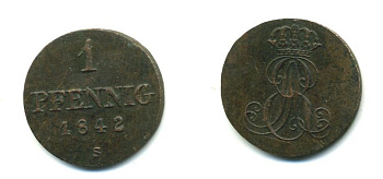 Ганновер 1 пфенниг 1842 S, Эрнст Август (1837-1851) KM 173.3, AKS 128, J. 54 медь 35-128