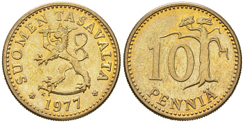 Финляндия 10 пенни 1977 K KM 46 алюминиевая бронза aUNC 218-1152