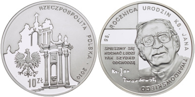 Польша 10 злотых 2010 MW, 95 лет со дня рождения Яна Якуба Твардовского, польского поэта и священника KM 731 серебро PROOF 1069-3-41