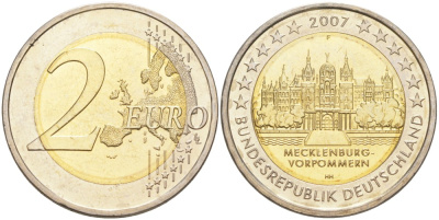 ФРГ 2 евро 2007 F, серия федеральные земли, Мекленбург-Передняя Померания, Шверинский замок KM 260 биметалл UNC 4111-742