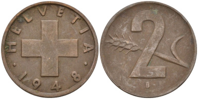 Швейцария 2 раппена 1948 В KM 47 бронза 4591-553