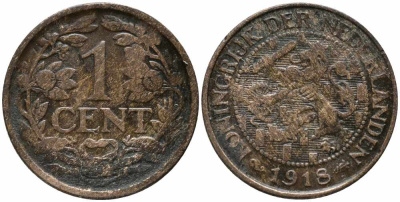 НИДЕРЛАНДЫ 1 ЦЕНТ 1918 ВИЛЬГЕЛЬМИНА (1890-1948) KM 152 бронза 112-168