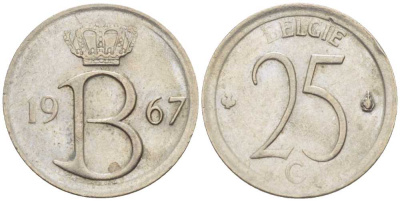 Бельгия 25 сантимов 1967 Belgie, Бодуэн I (1951-1993) KM 154.1 медно-никель 201-1253