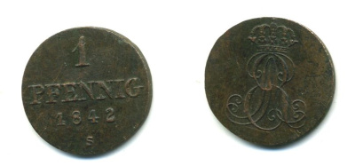 Ганновер 1 пфенниг 1842 S, Эрнст Август (1837-1851) KM 173.3, AKS 128, J. 54 медь 35-128