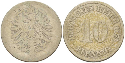 ГЕРМАНИЯ 10 ПФЕННИГОВ 1874 A, СТАРОГЕРБОВКА KM 4, J. 4, Weege 7 медно-никель 261-1211