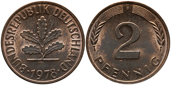 ФРГ 2 пфеннига 1978 F KM 106а, J.381а сталь плакированная медью 99-235
