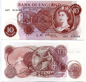 Англия 10 шиллингов 1961 подпись: L. K. O'Brien Pick 373а бумага UNC (пресс) 6285-22-1-2