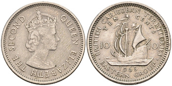 Британские Восточно-Карибские территории 10 центов 1965 Елизавета II (1952-2022), парусник KM 5 медно-никель 4594-342
