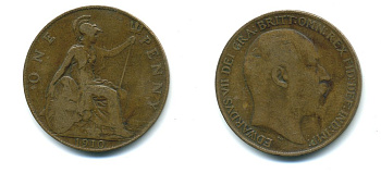 Великобритания 1 пенни 1910 Эдуард VII (1901-1910) KM 794.2, Spink 3990 бронза 41-816