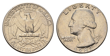 США 25 центов (квотер) 1982 D, Вашингтон KM A164a медь плакированная медно-никелем 4681-447