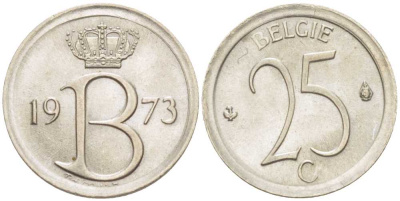 БЕЛЬГИЯ 25 САНТИМОВ 1973 BELGIE KM 154.1 медно-никель 201-1259