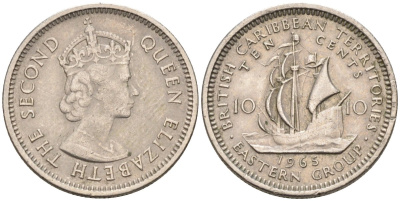 Британские Восточно-Карибские территории 10 центов 1965 Елизавета II (1952-2022), парусник KM 5 медно-никель 4594-342
