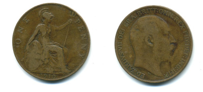 Великобритания 1 пенни 1910 Эдуард VII (1901-1910) KM 794.2, Spink 3990 бронза 41-816