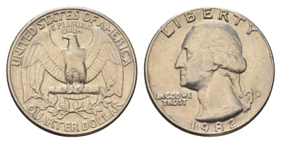 США 25 центов (квотер) 1982 D, Вашингтон KM A164a медь плакированная медно-никелем 4681-447