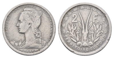 Того 2 франка 1948 год-тип KM 5 алюминий 4127-1832